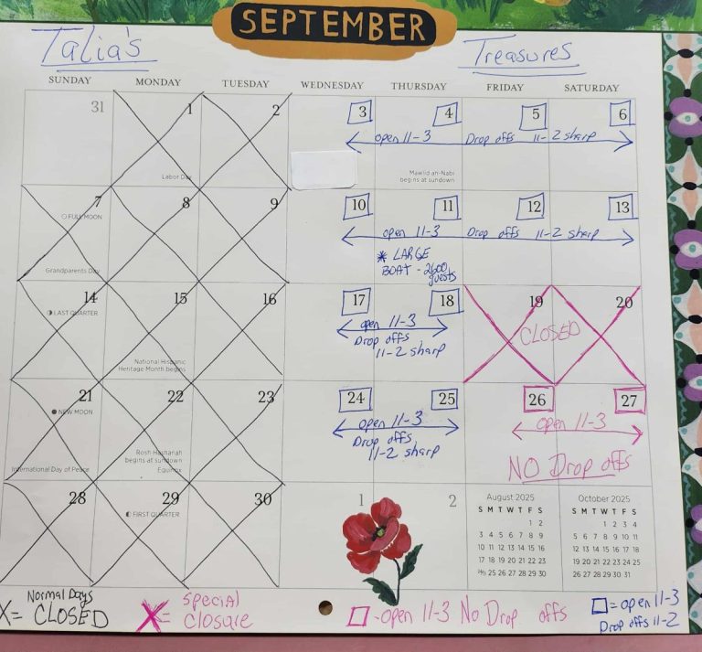 Talia’s Treasures schedule September 2025